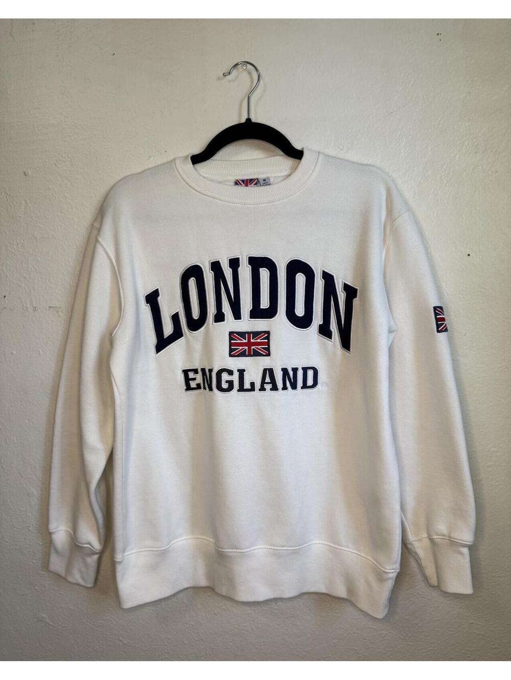 London England Men’s Medium White Crewneck Sweatshirt Retro Cotton Blend - Picture 1 of 8